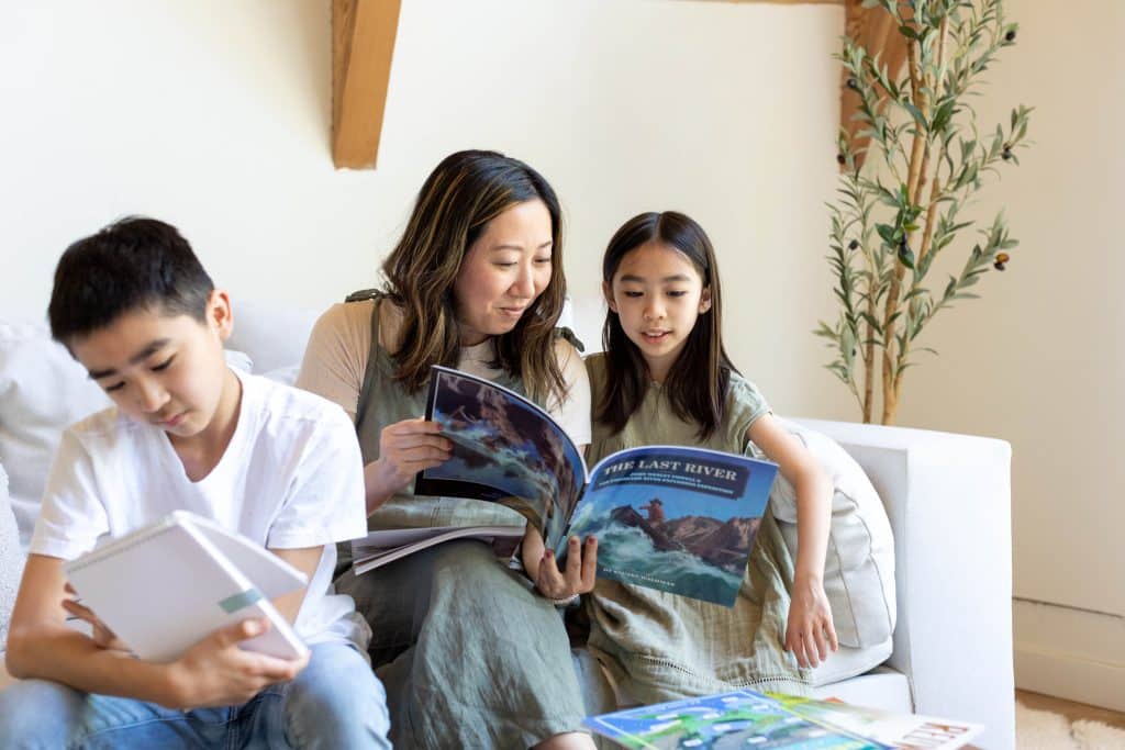 Homeschool mom with her students learning at home