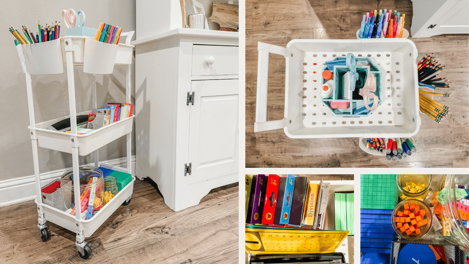 Homeschool supplies organized in a rolling cart